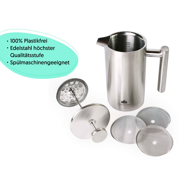 Sampoes Cafetière 1000 ml, French Press roestvrij staal, 8 kopjes met 3 roestvrijstalen filtersysteem, dubbelwandige geïsoleerde koffiepot en theebereider, zilver Sampoes Cafetière 1000 ml, French Press roestvrij staal, 8 kopjes met 3 roestvrijstalen filtersysteem, dubbelwandige geïsoleerde koffiepot en theebereider, zilver